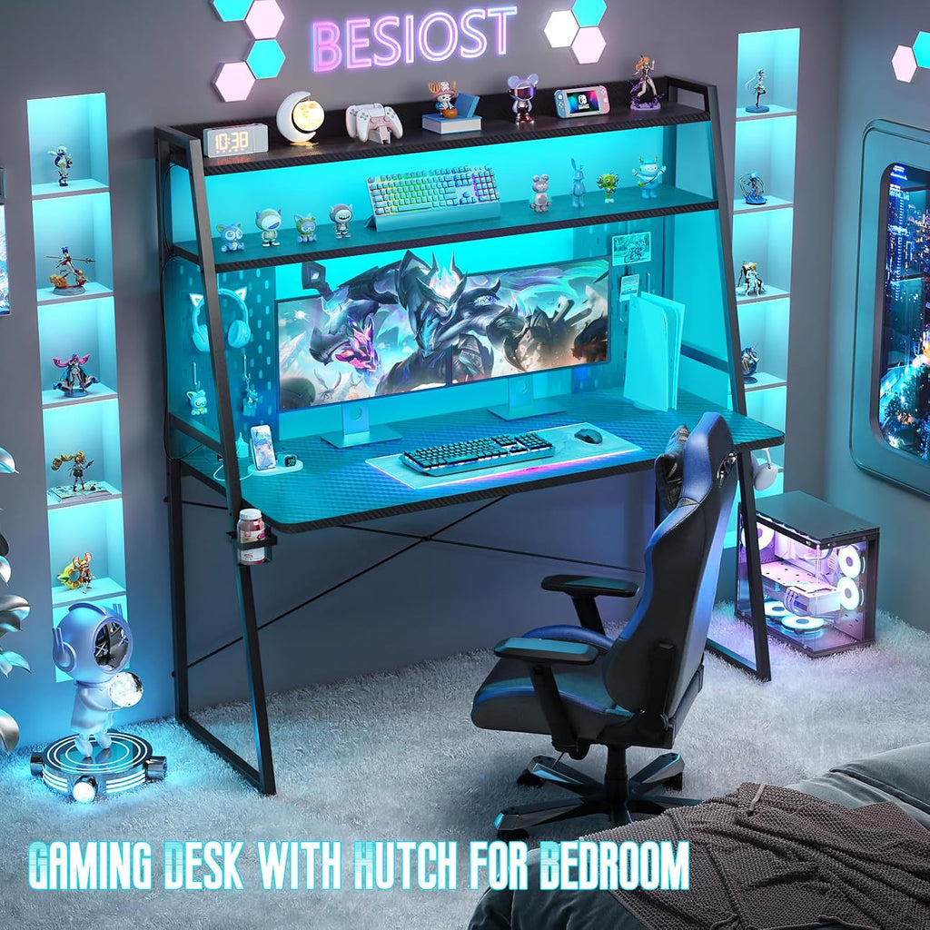 Gaming Desk with Hutch and LED Lights, Gaming Computer Desk with Power Outlets, Gamer Desk with Storage Shelves, PC