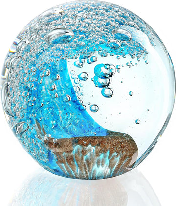 Hand Blown Glass Ocean Waves Ball Paperweight