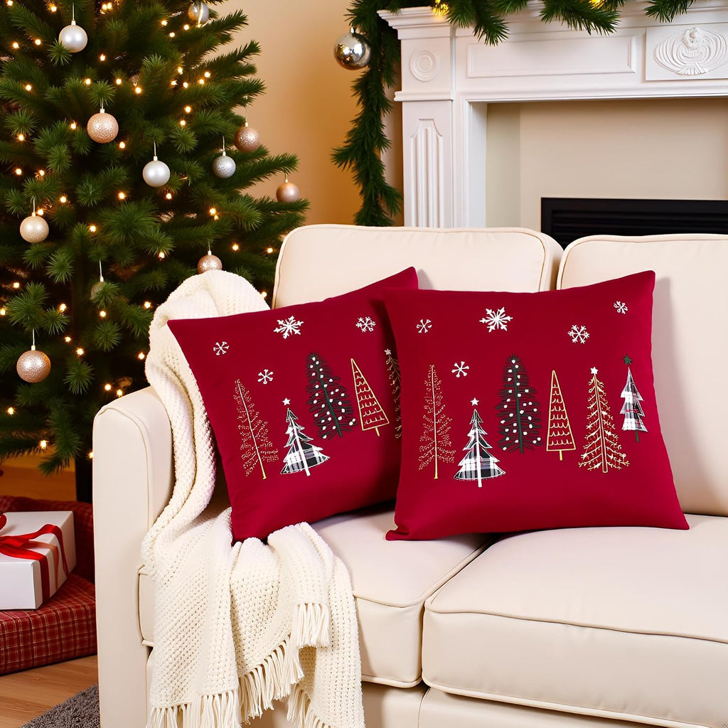 Christmas Throw Pillow Covers 16x16 inch Red Xmas Tree - Set of 2