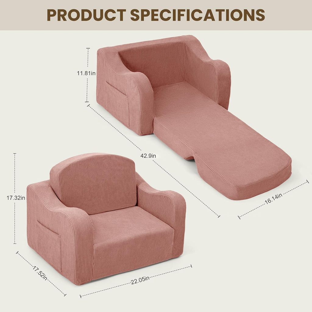 Kids Sofa Chair, in-1 Kids Couch, Fold Out Foam Sofa, Pink
