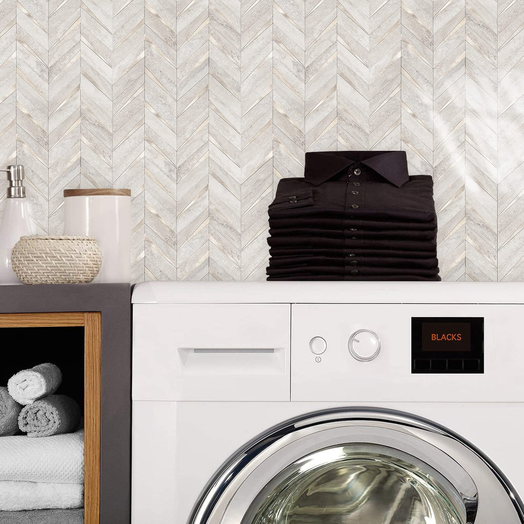 10-Sheet Herringbone Tile Peel and Stick Backsplash, Beige Mixed Metal Gold PVC Stick on Backsplash, Self Adhesive