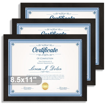 8.5 by 11 Picture Frame with Real Glass, Wood Frame(Black, 3 Pack)