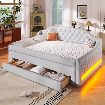 Upholstered Full Size Daybed with LED Lights, Trundle & 3 Drawers, Linen Sofa Bed for Guest Room & Small Spaces