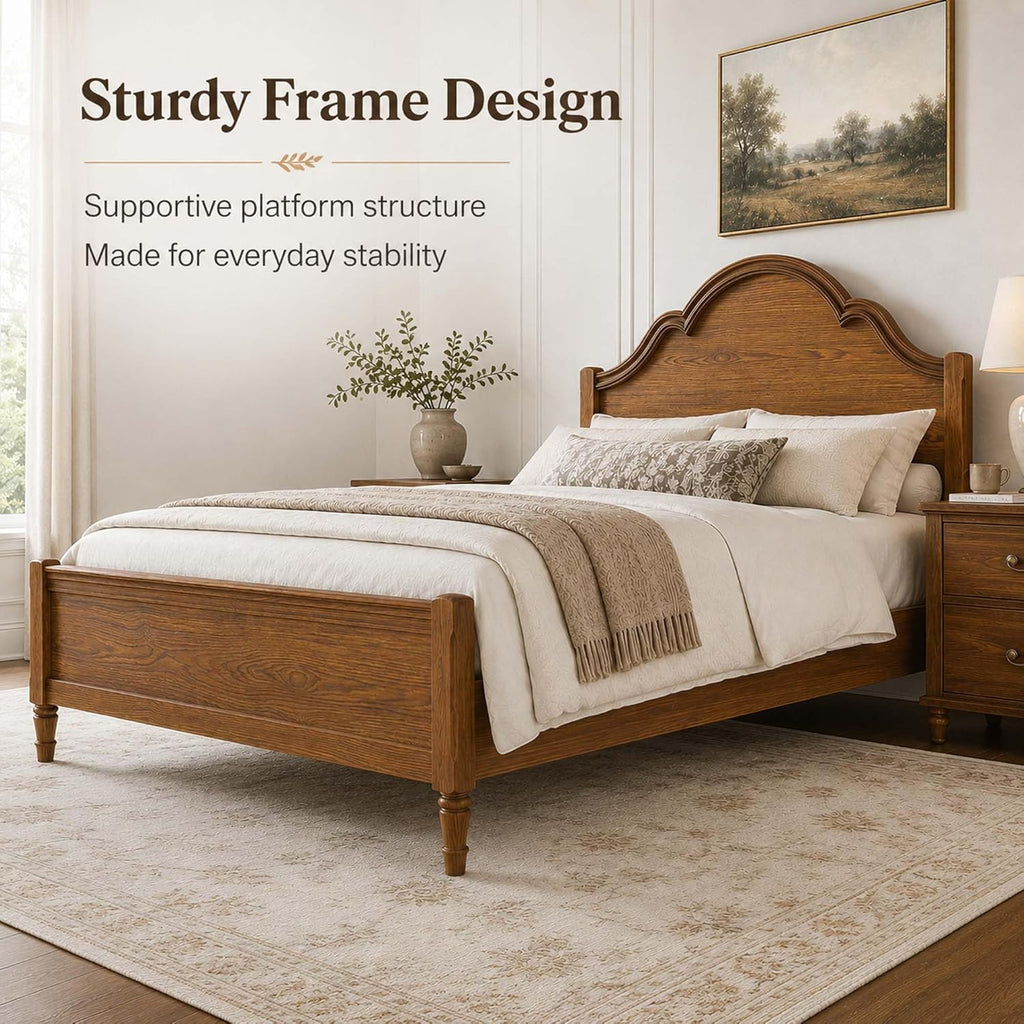 Rustic Vintage Full Wood Bed Frame with Retro Style Tall Headboard, Farmhouse Wooden Bed Frames Full Platform Bed