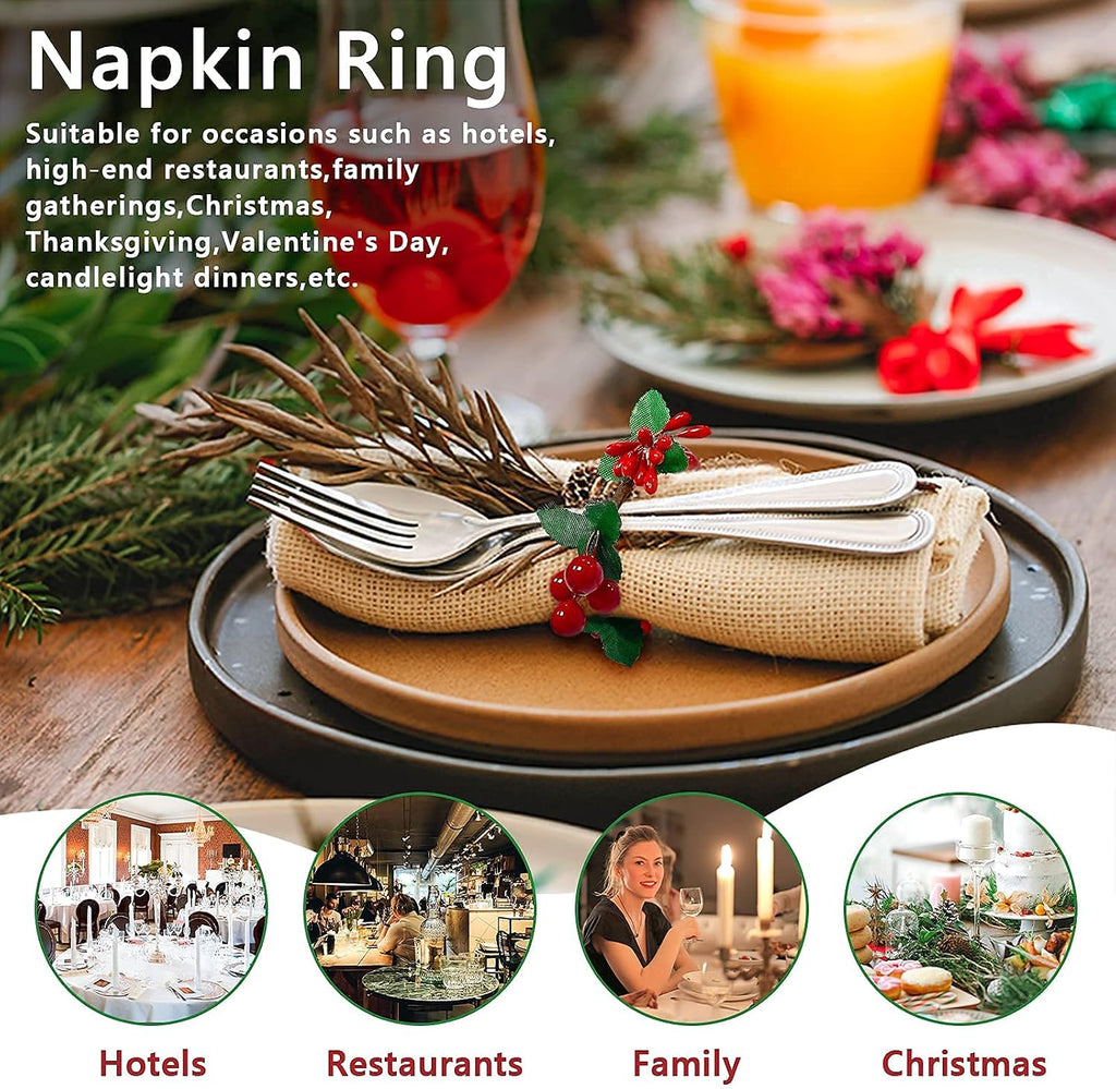 Mingting Napkin Rings, Rustic Napkin Ring Serviette Holders Handmade Red Berry Table Decorations - Set of 12