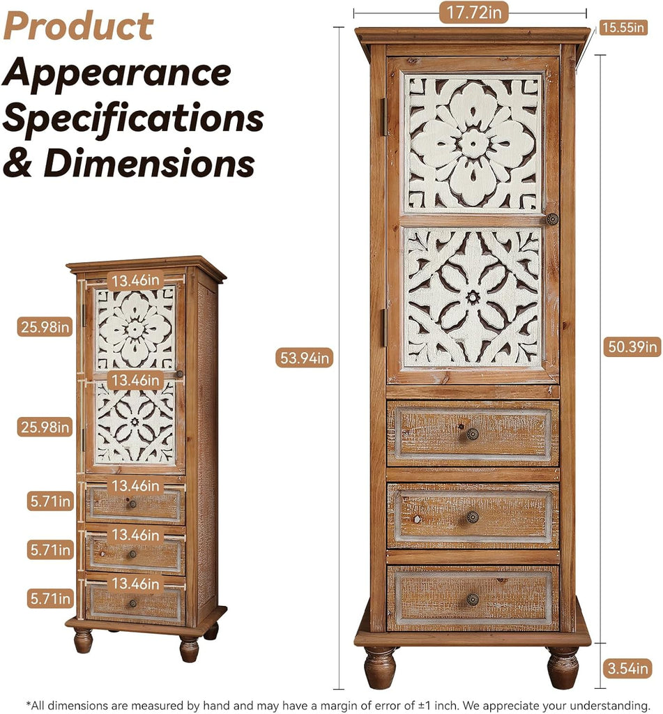 54" Distressed Solid Wood Freestanding Storage Chest, Accent Cabinets with Cutout Magnetic Door, Utility Organizer