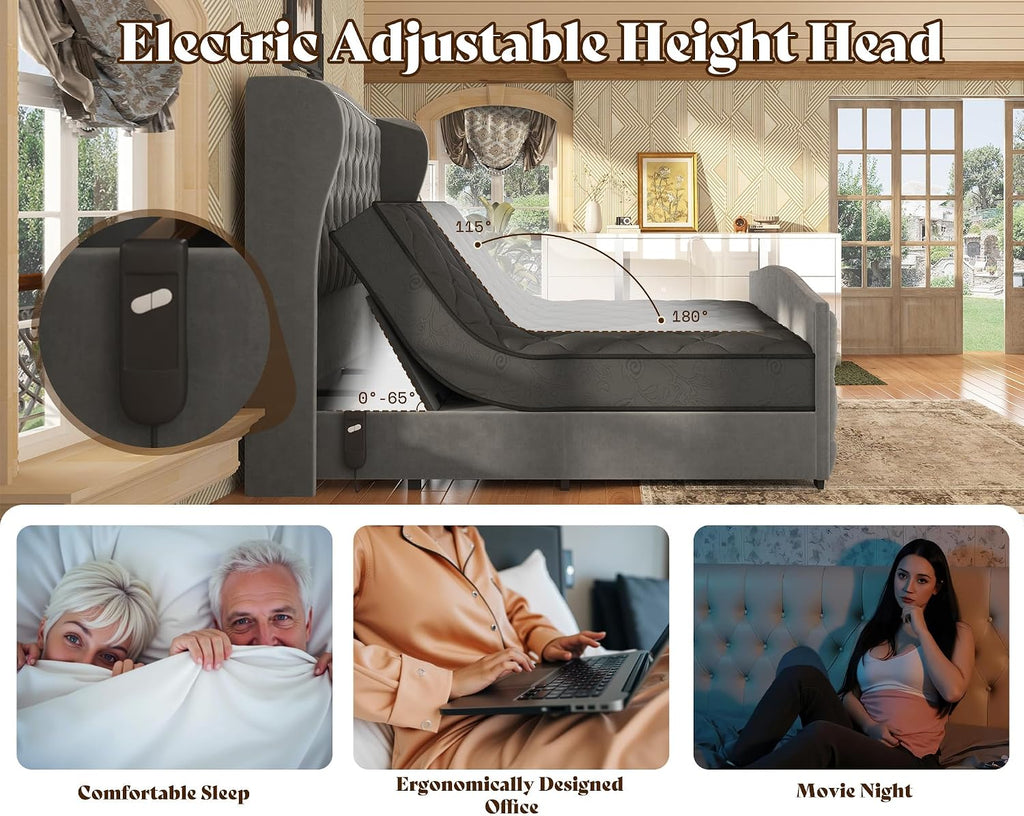 Queen Adjustable Bed Frame with 51" Velvet Upholstered Headboard