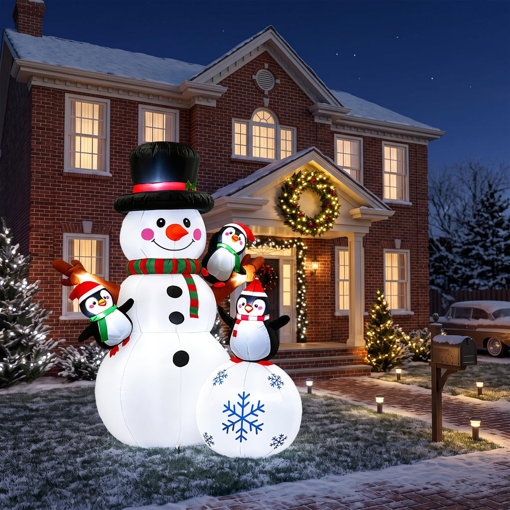 7 FT Christmas Inflatable Snowman with 3 Penguins, Giant Lighted Blow Up Snowman, Outdoor Christmas Yard Decorations