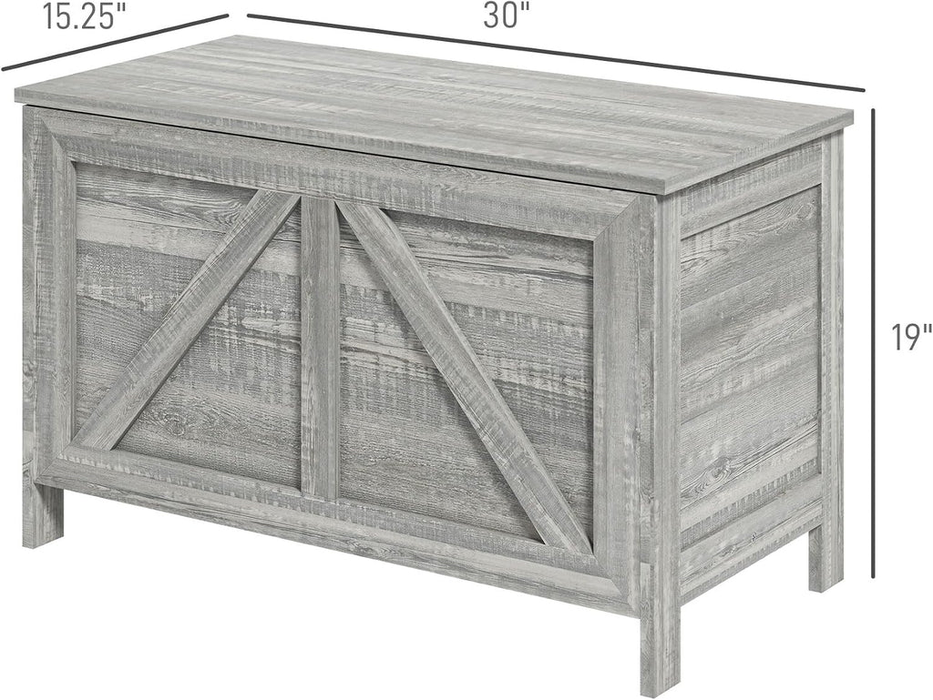 30" Farmhouse Storage Bench Lift Top Storage Chest in Light Gray | Safety Hinge, Open Up 100°, Wooden Trunk, Bedroom