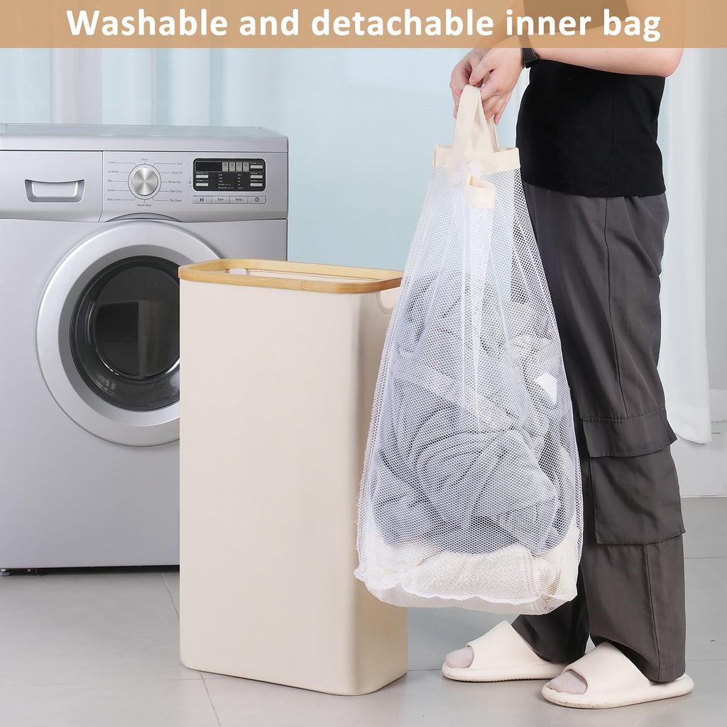 65L Slim Laundry Hamper, Narrow Laundry Basket with Lid,Foldable Clothes Hamper with Bamboo Handles,Hamper Basket