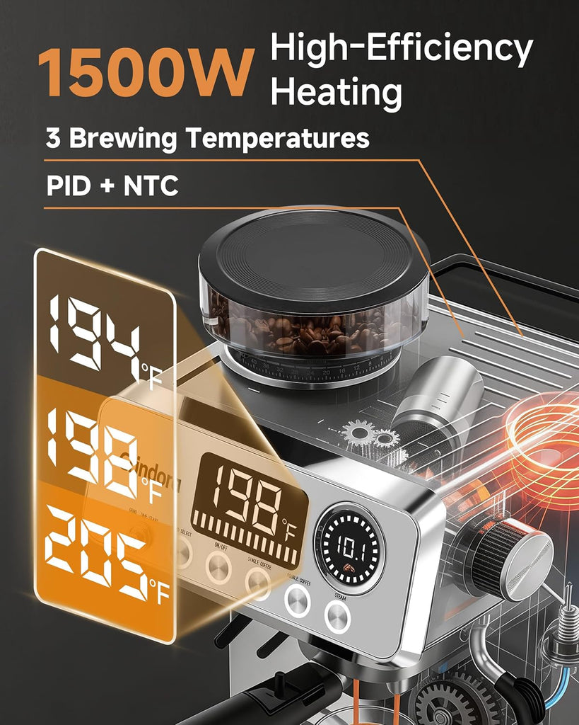 Espresso Machine with Grinder,20 Bar,44 Grind Setting,Milk Frother | Stainless Steel Coffee Maker , Temp Control