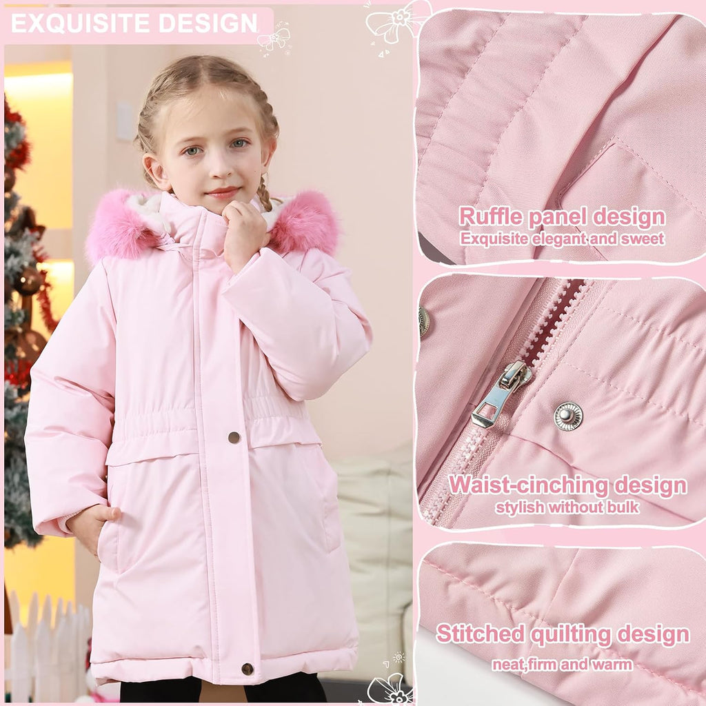 Girls Winter Coat Long Puffer Jacket Outwear Warm Quilted Coats Parka Kids Removable Hood Fleece Inner