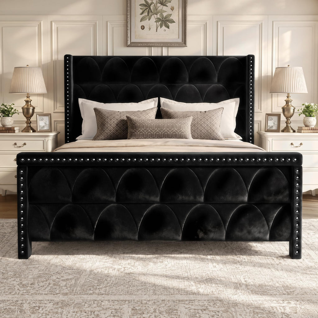 King Size Bed Frame with 56" Headboard - Velvet Upholstered Wingback Platform Bed Frame, Noise Free, Sturdy Wooden