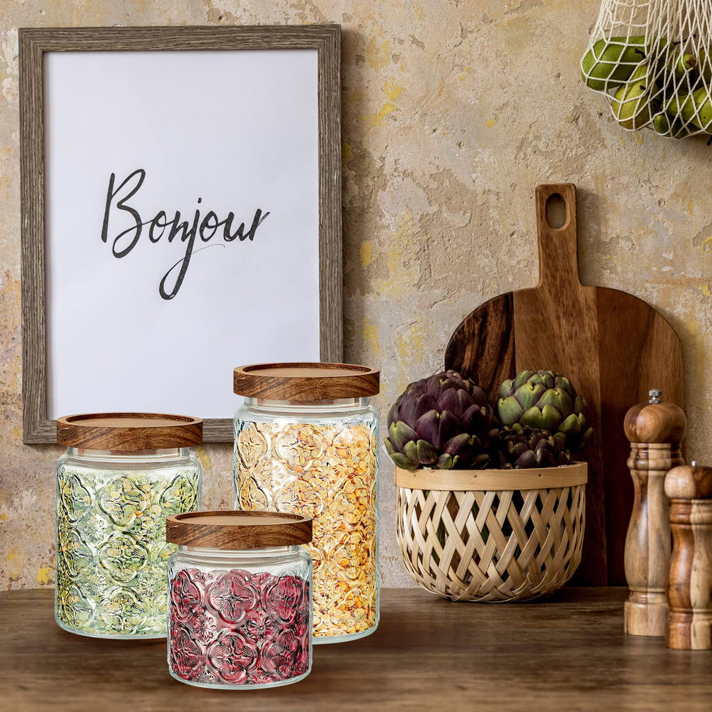 3 Pcs Glass Jars Wood Lids, 17/24/34 Oz Airtight Canisters, Round