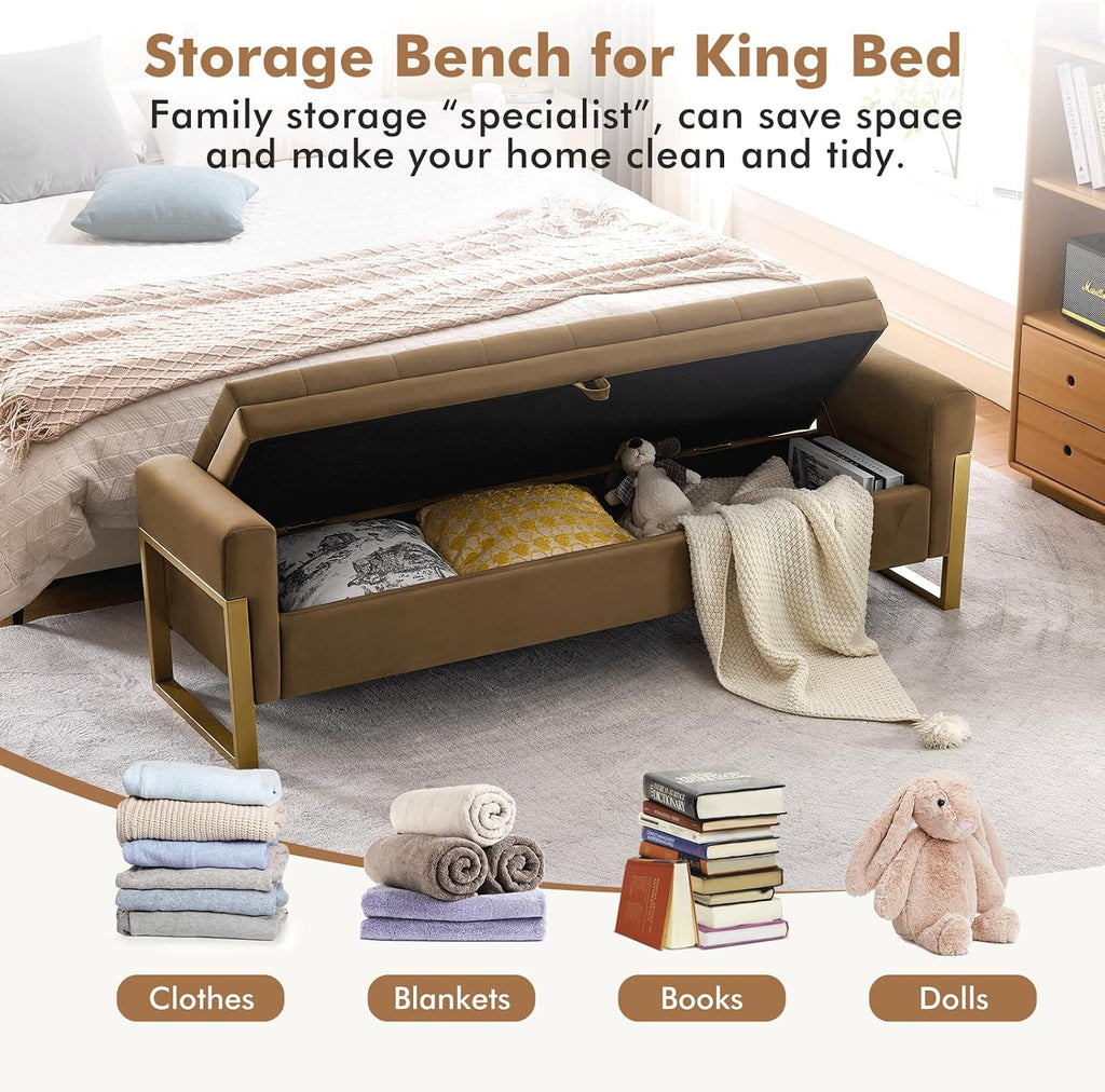 67" Storage Bench , End of Bed Bench King Size, Brown | Upholstered Velvet Storage Ottoman Bench with Golden Legs