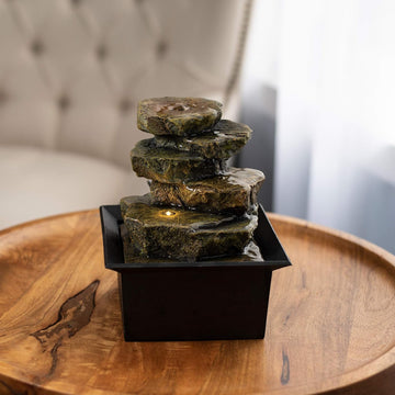 Tabletop Water Fountain- 8” Cascading Rock Formation Waterfall with LED Light, Electric Pump & Soothing Sounds Decor