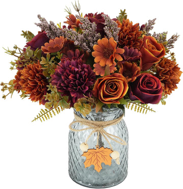 Bundles Fall Artificial Flower Arrangements with Vase, Burnt Orange Roses - Set of 3