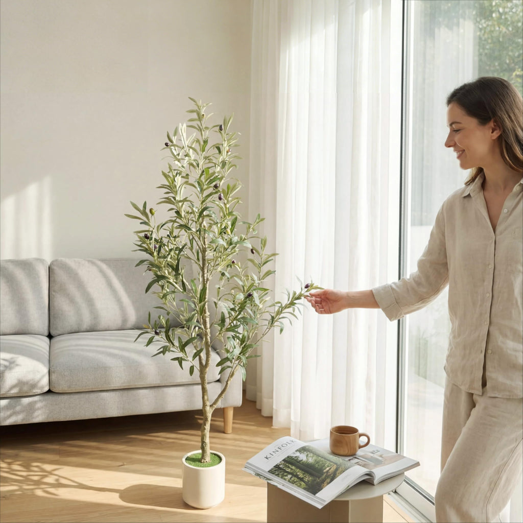 Faux Olive Tree, 5FT Artificial Olive Trees with Lifelike Olive Branches and Fruits, Fake Floor Plants with Pot for