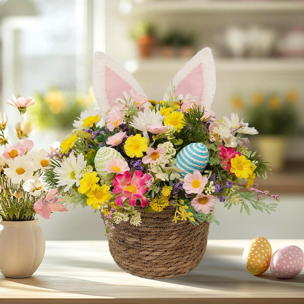 Easter Bunny Basket with Fluffy Bunny Ears - Spring Table Centerpiece with Woven Rattan Eggs & Flowers, Farmhouse