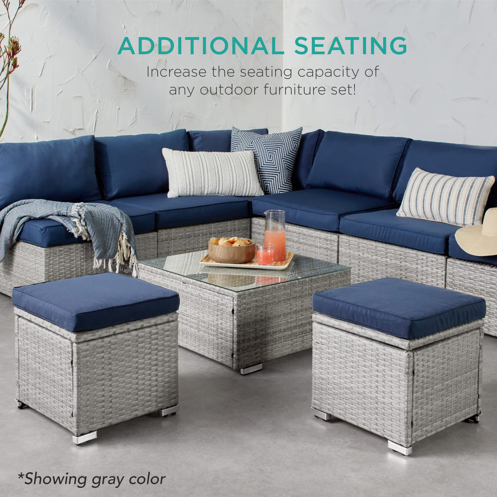 Set of 2 Wicker Ottomans, Multipurpose Outdoor Furniture, Backyard, Additional Seating, Footrest, Side Table