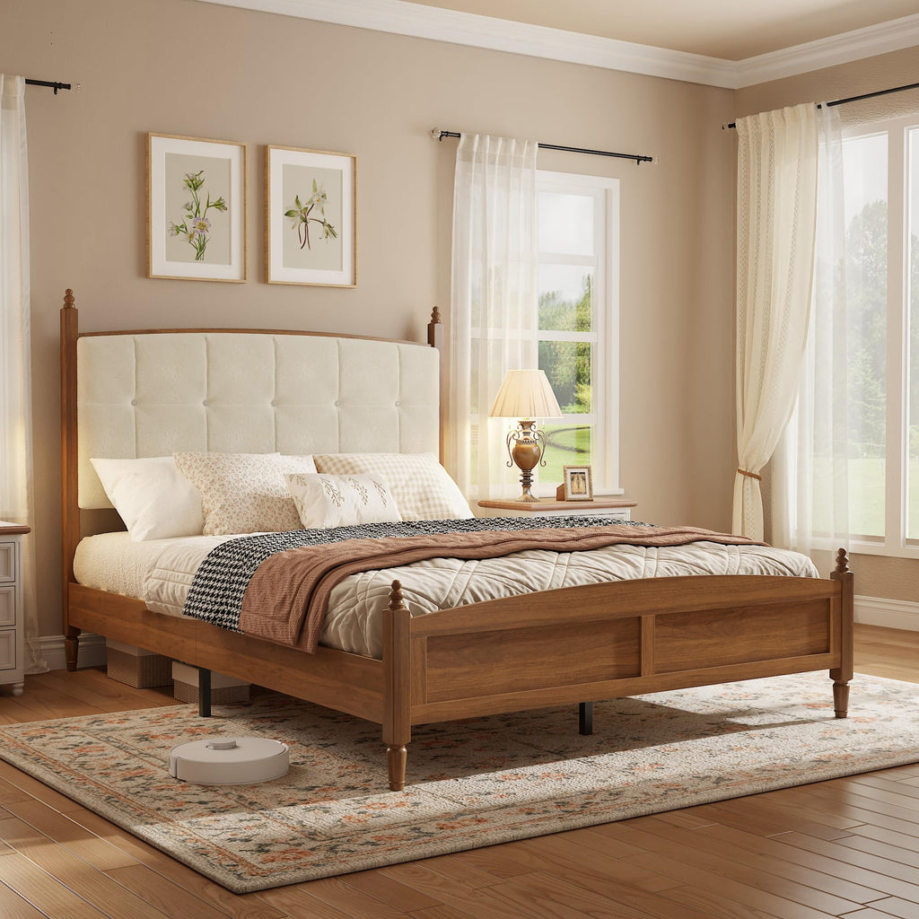 Bed Frame with Solid Wood Vintage Style Upholstered Headboard Walnut