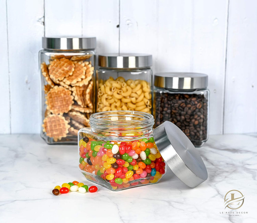 Square Glass Cookie Jars with Airtight Lids + Marker & Labels, Canister Sets Counter or Bathroom - Food Storage - Set of 4