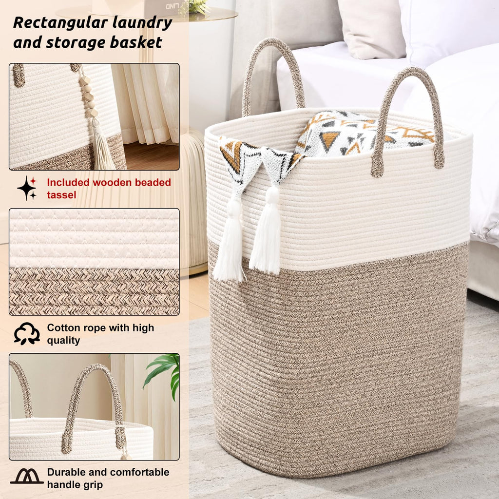 65L Woven Laundry Basket for Clothes, Large Rectangle Laundry Hampers with Beads Tassel, Nursery Storage Basket for