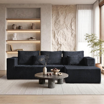 95" Black Corduroy Boneless Modular Sectional Sofa, Cloud-Louch Deep Seat Sofa with Left Chaise (L-Shaped