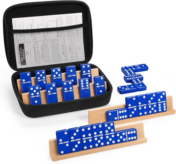 Dominoes Set for Adults with 4 Wooden Racks/Trays, Double Six Travel Portable Case 6 Tiles Holders, 28 Dominos Family - Set of 28