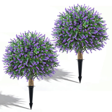 Artificial Lavender Topiary Ball Trees Outdoor, 2 Pack UV Resistant 24" Fake Plants with Grund Spike, Faux Shrubs
