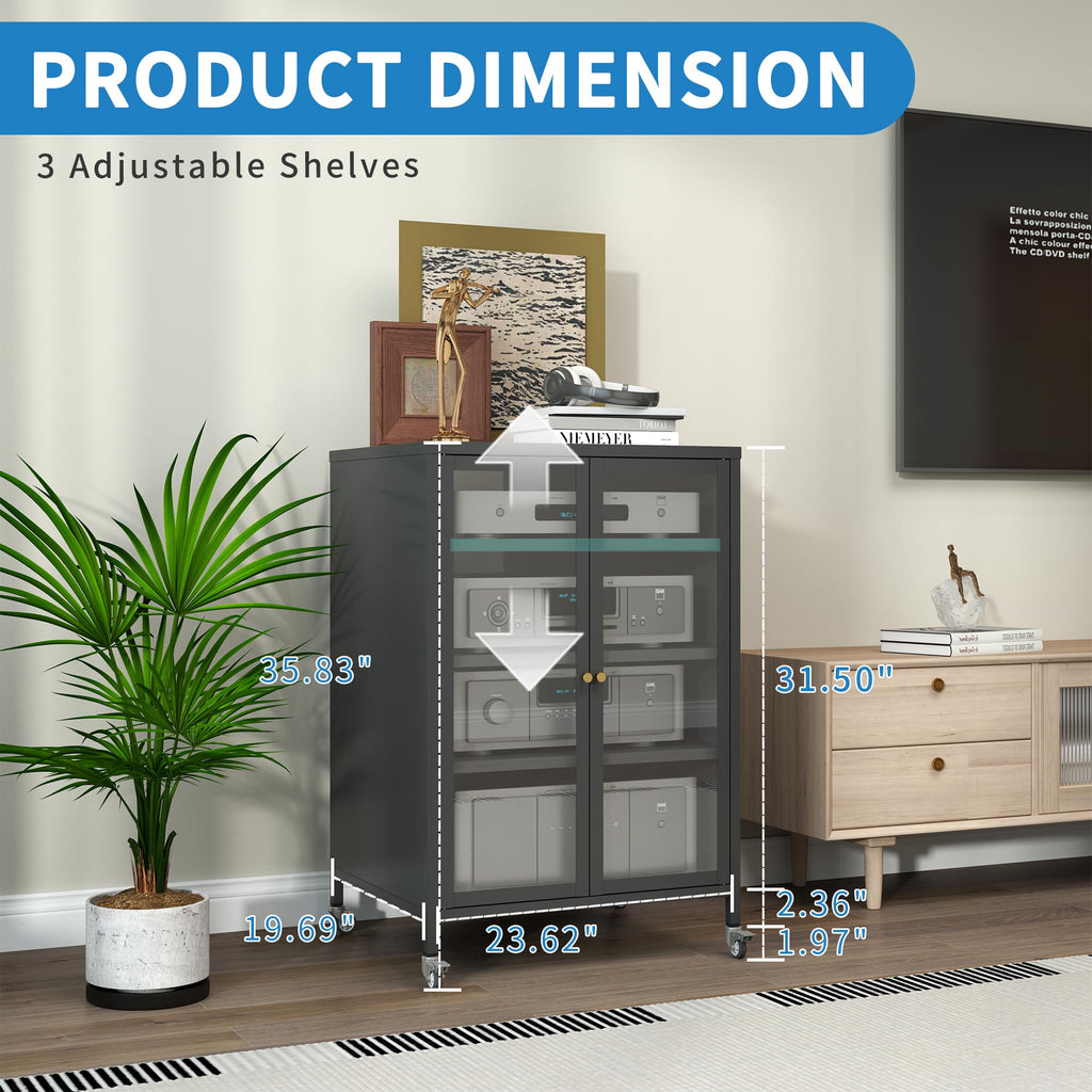 Stereo Cabinet, Metal Media Storage Cabinet with Glass Doors, Audio-Video Media Stand with 4 Adjustable Shelves, AV