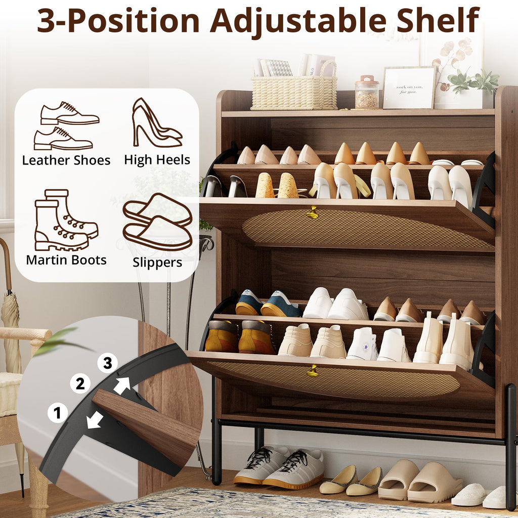 Rattan Shoe Cabinet Storage with 2 Flip Drawers, Walnut