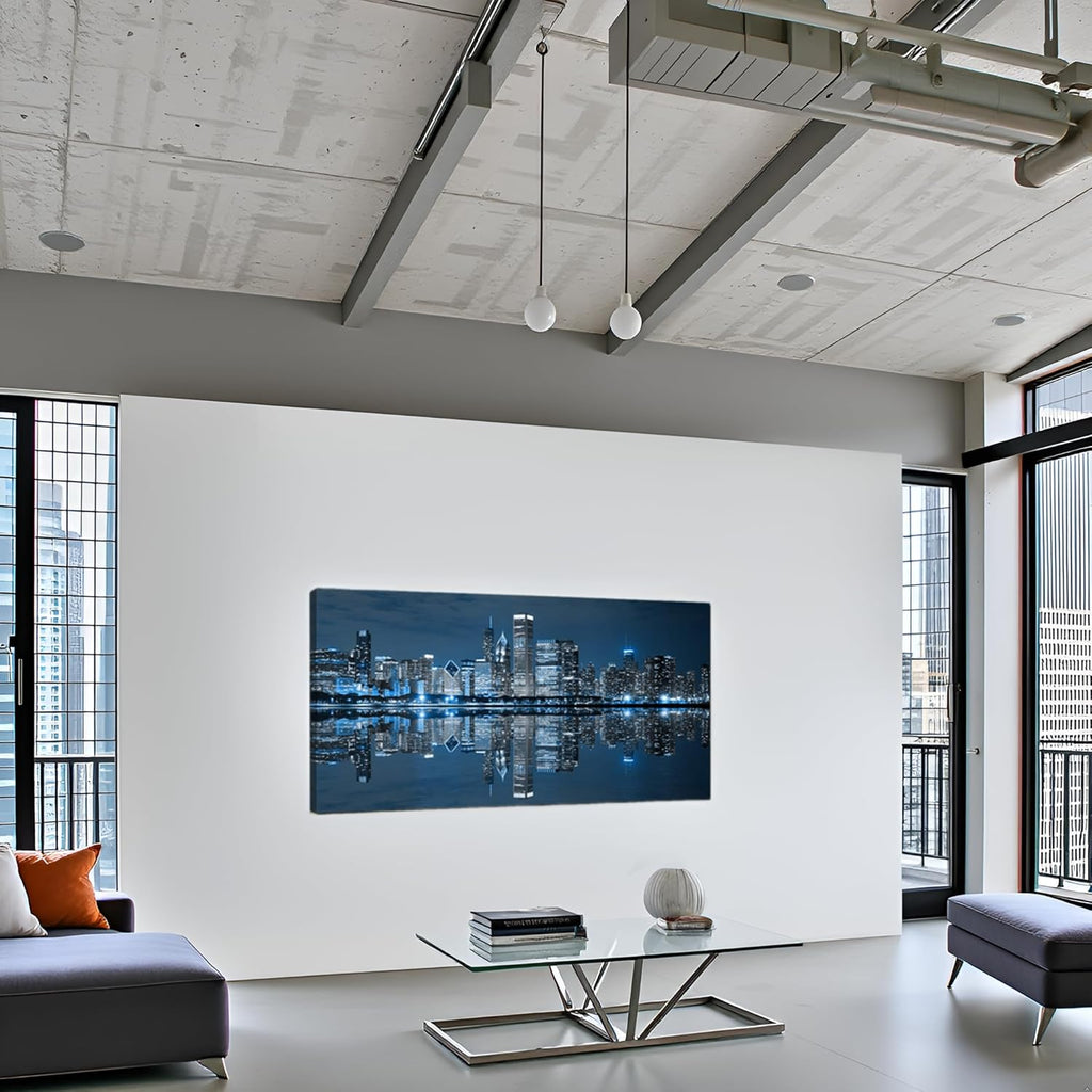 Modern City Wall Art Chicago Downtown at Night Picture Print on Canvas Building Artwork Living Room Wall Decoration