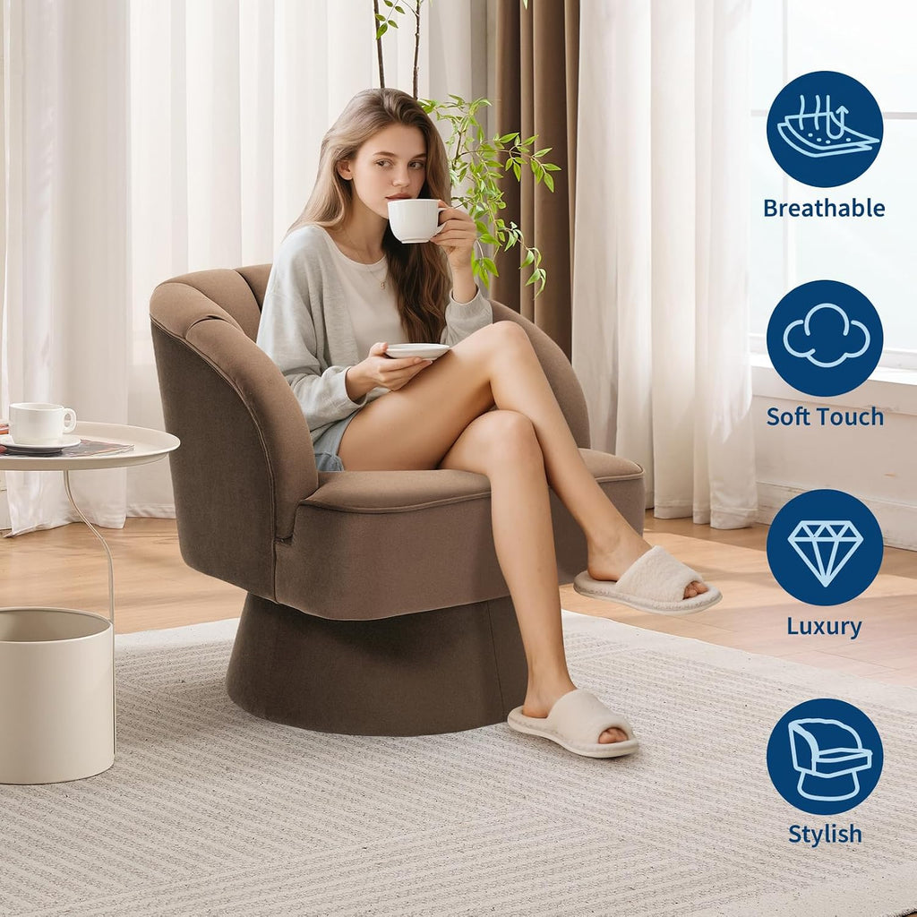 Modern Swivel Barrel Accent Chair, 360 Degree Velvet Upholstered Armchair with Striped Backrest & Plush Padding
