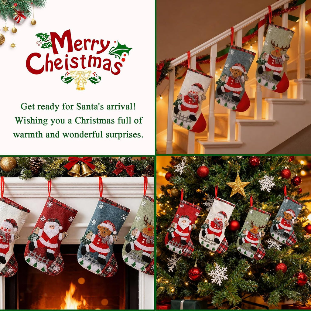 S Personalized 4 Pack - Customized Small Xmas Stockings Bulk with Reindeer, Santa Claus, Snowman, Bear for Christmas - Set of 4