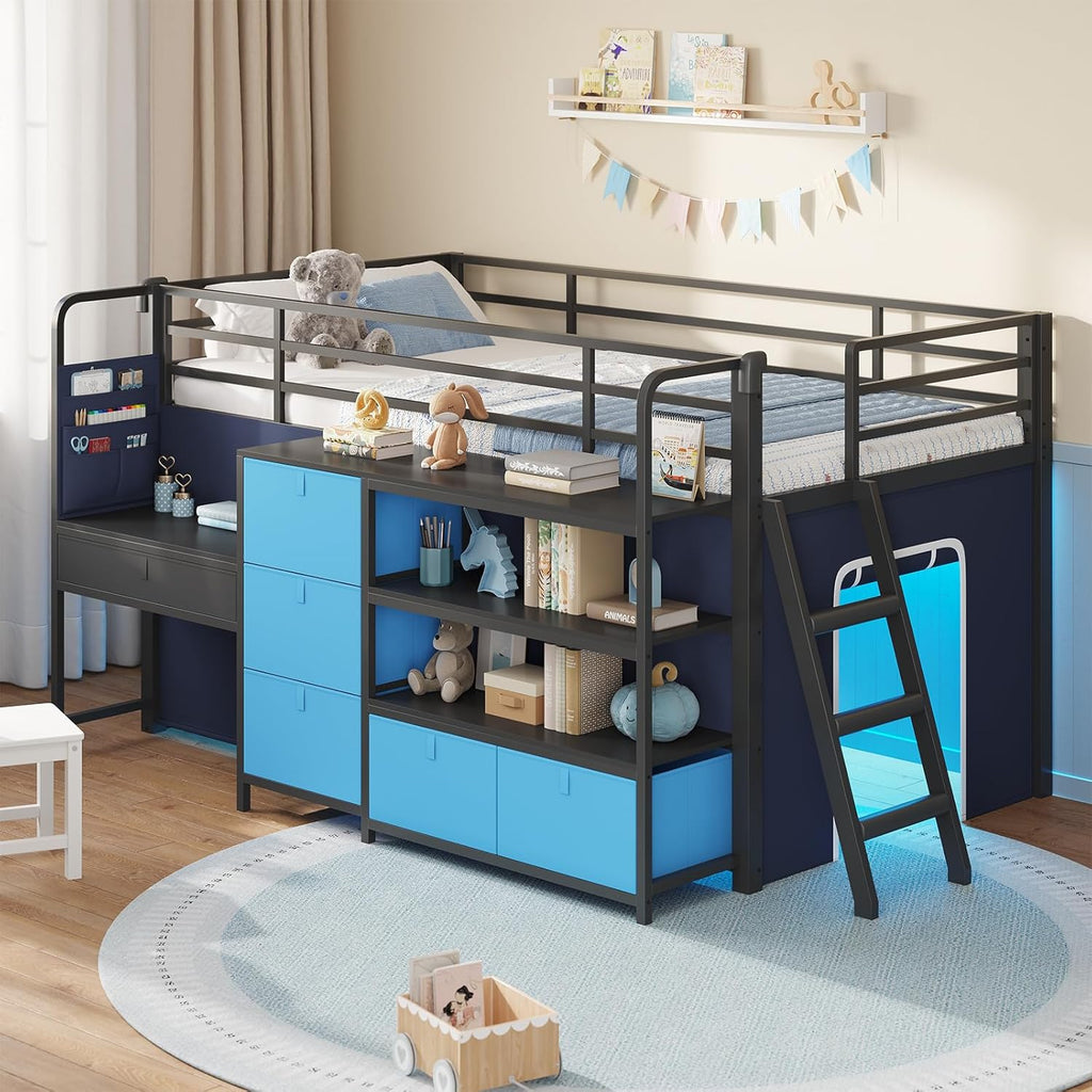 Low Loft Bed with Desk and 6 Storage Drawers Twin Loft Bed with Bookshelf,LED Lights & Under-Bed Play Space,Kids Twin