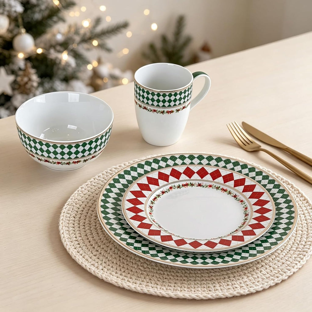 Christmas Argyle Real Gold Trim Porcelain Dinnerware Set,Service for 4