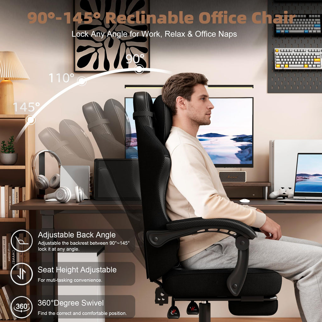 Gaming Chair, Desk Chair with Linen Breathable Mesh Fabric, Office Chair with Adjustable Lumbar Support, Computer
