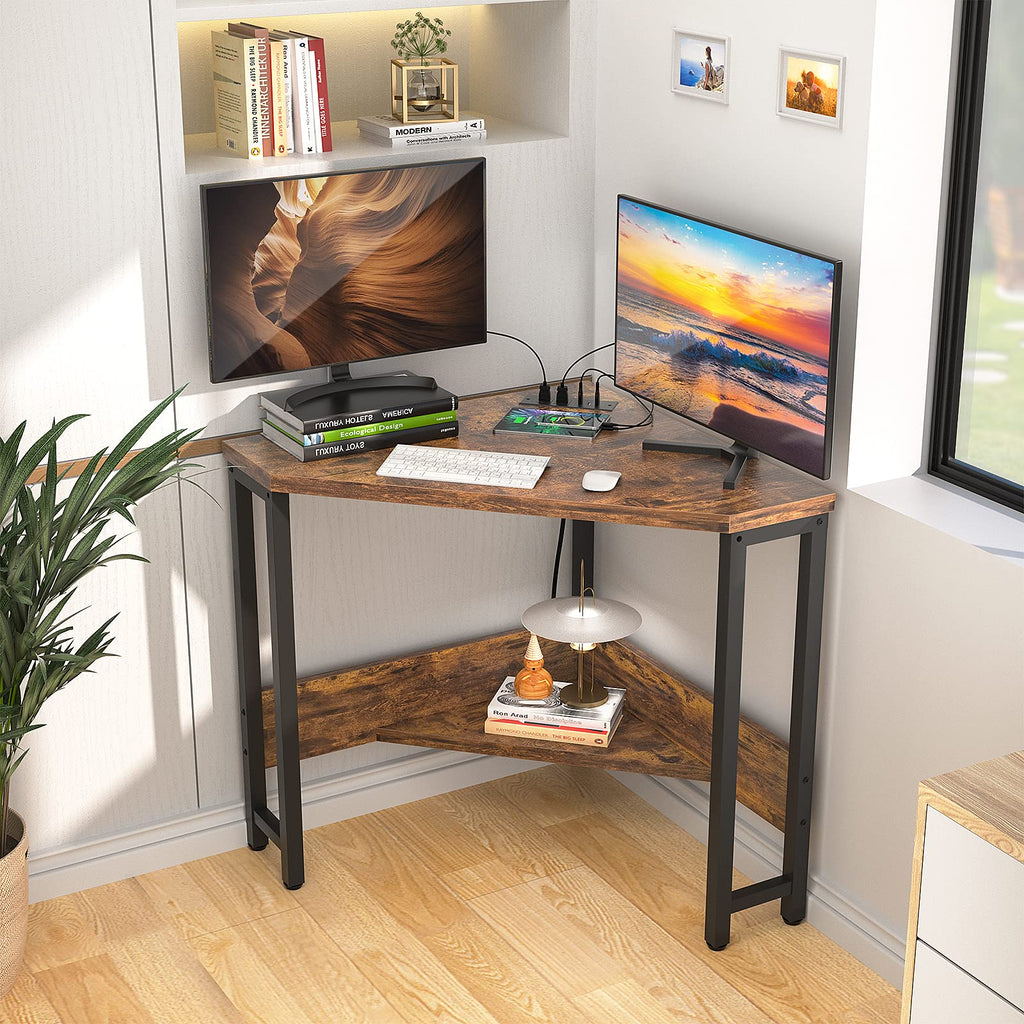 Corner Small Desk with Outlets Corner Table for Small Space Industrial Computer Desk with USB Ports Triangle Desk