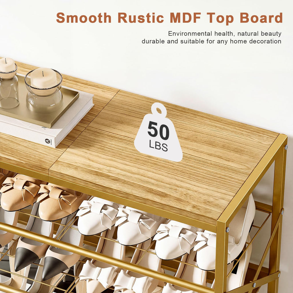 10 Tier Metal Shoe Rack with Wood Top, 30-40 Pairs Gold