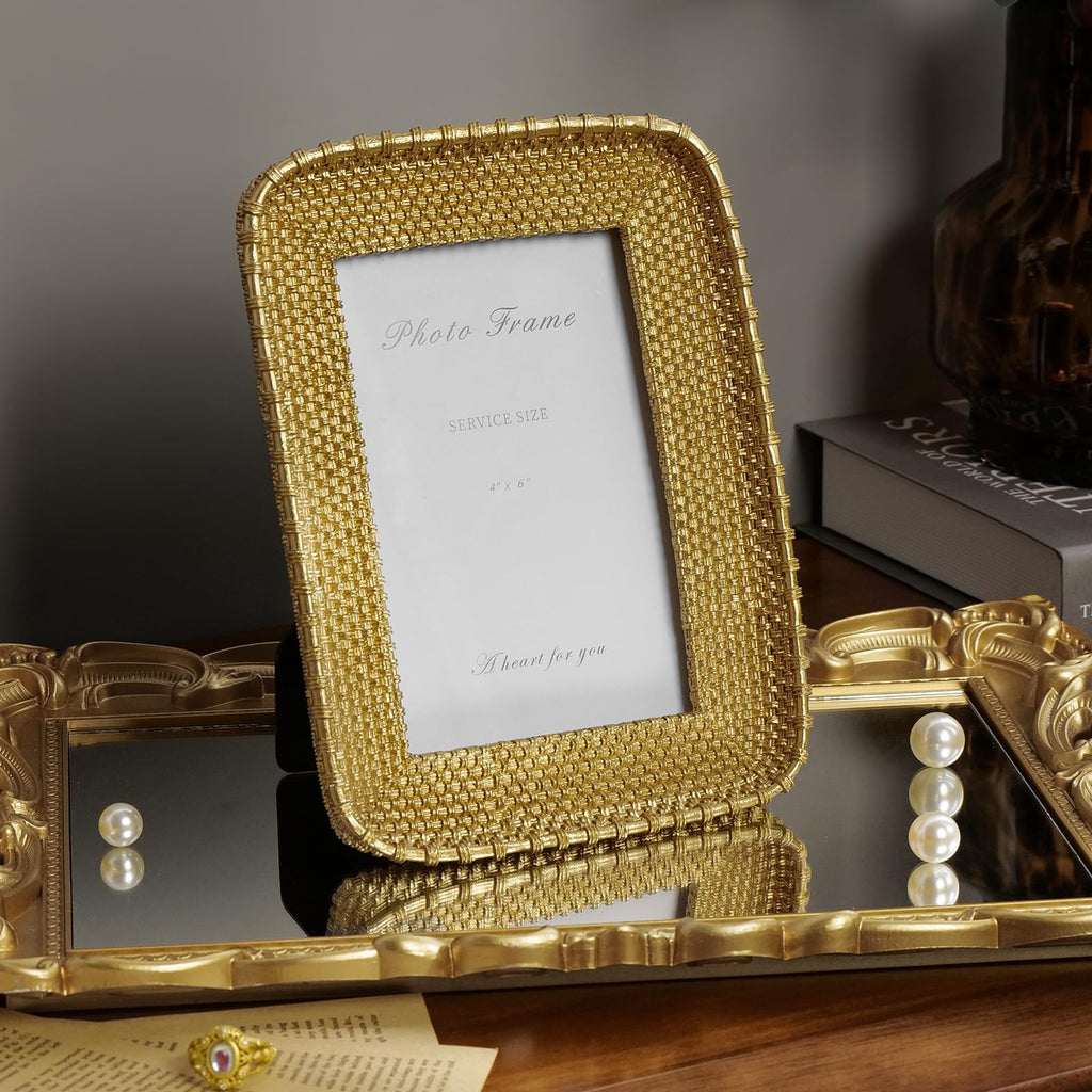 4x6 Gold Picture Frame, Vintage Rattan Textured Resin Photo Frame