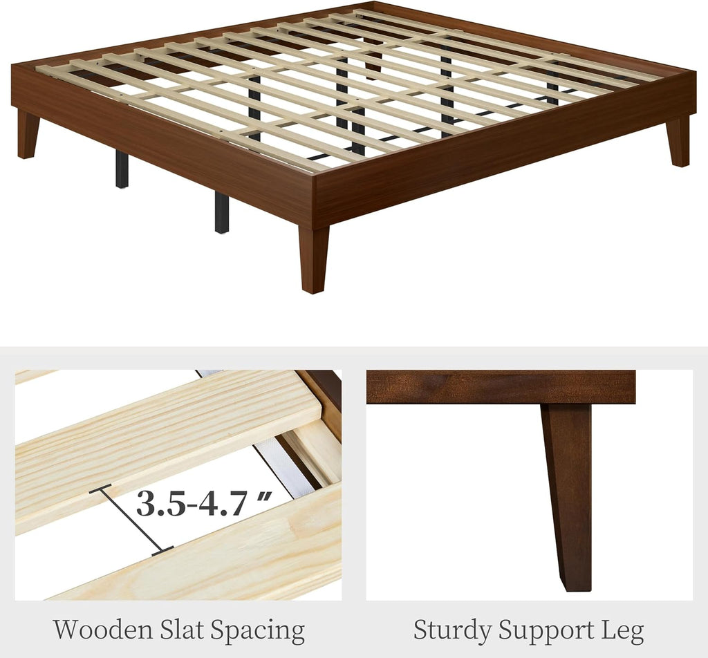Solid Wood Platform Bed Frame Low-Profile Dark Walnut