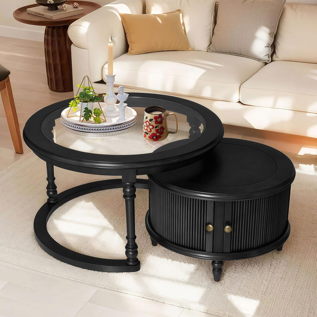 Nesting Coffee, Round Tempered Glass Solid Wood Nest Coffee Tables with Storage, Retro Small Accent Center for Small