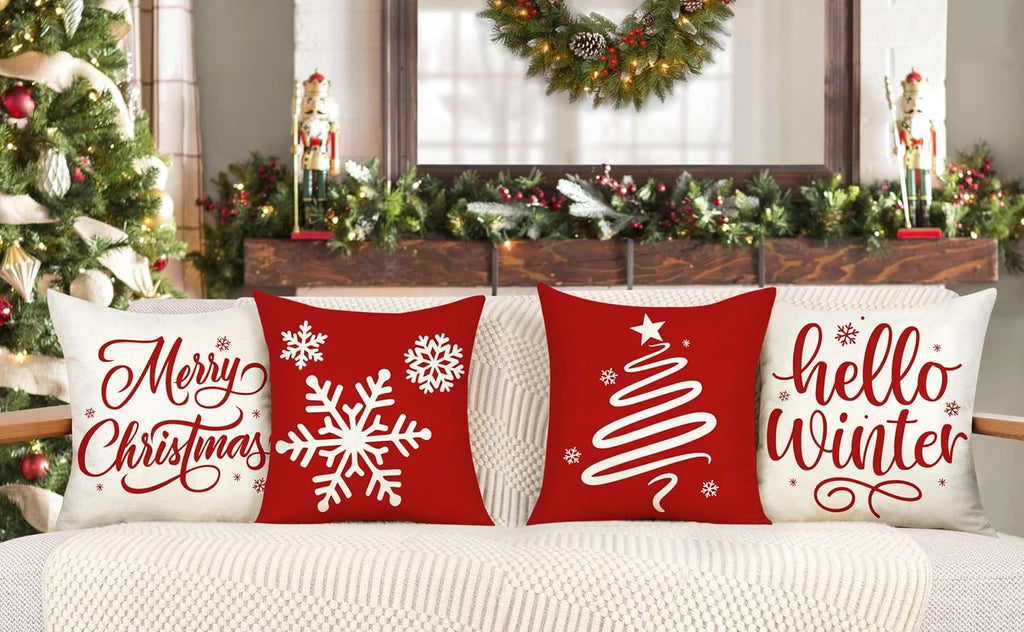 Red Christmas Pillow Covers 18x18 Farmhouse Xmas Decorations Snowflake Hello Winter Holiday Decor Throw - Set of 4