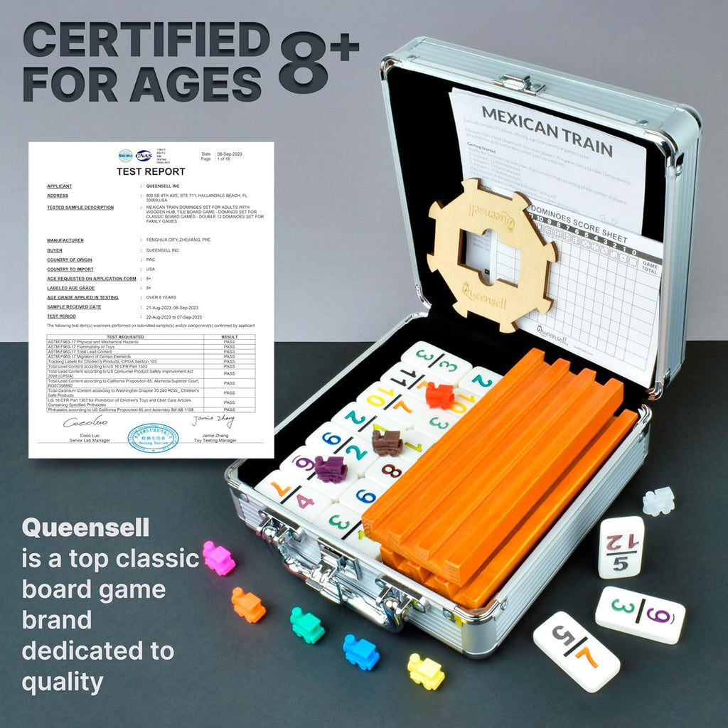 Mexican Train Dominoes Set with Numbers and 4 Holders - Wooden Hub and Domino Holders - Double 12 with Numbers (D12
