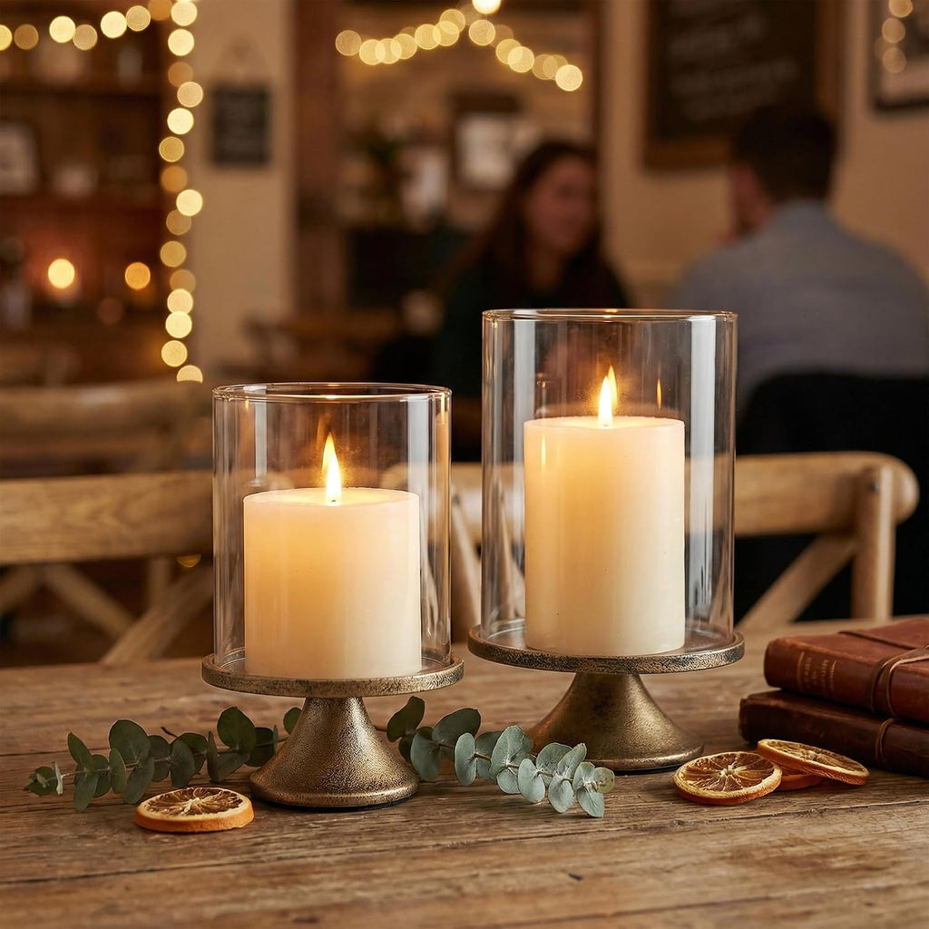 Set of 2 Hurricane Candle Holder Set with Glass Dome & Iron Base - Elegant Decorative Pillar Candle Holders