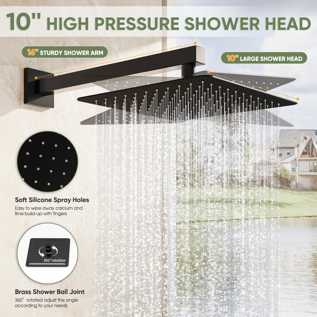 Black Shower System, Wall Mounted Shower Faucet Set with Valve, 10-Inch Rainfall Shower Head with Handheld Combo