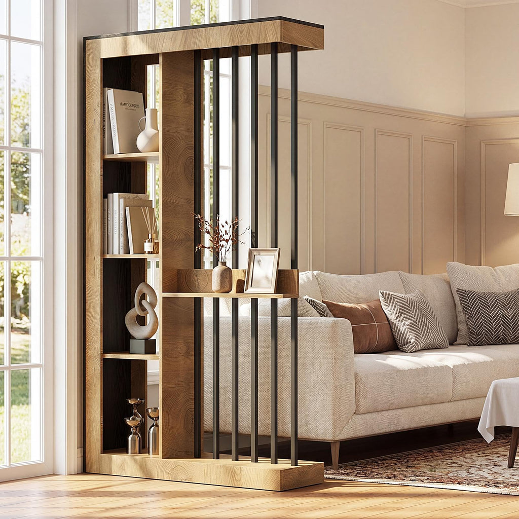 Wall Room Divider with Shelves, 71" Freestanding Wood Partition
