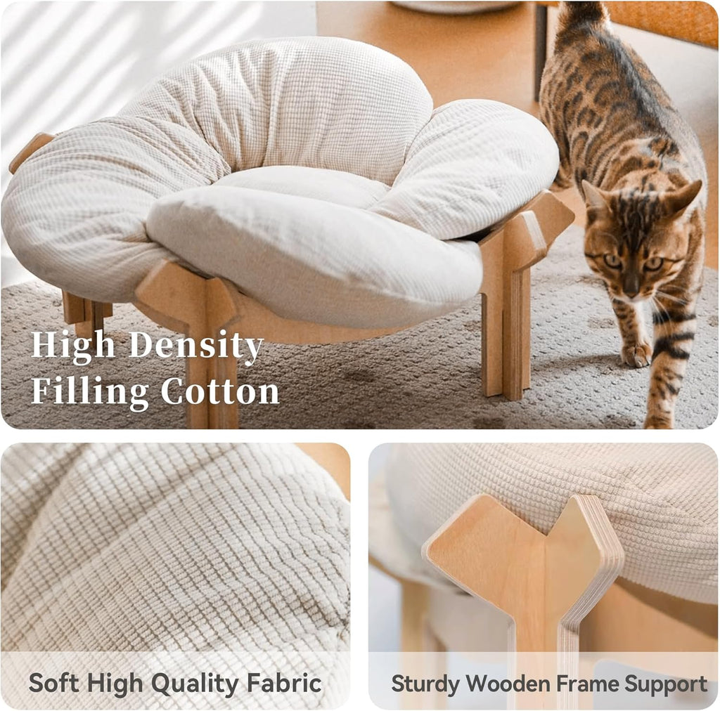Elevated Cat Bed Wooden, Cat Couch Fluffy, Cat Sofa Flower for Indoor Cats, Raised Cat Bed with Washable Fluffy