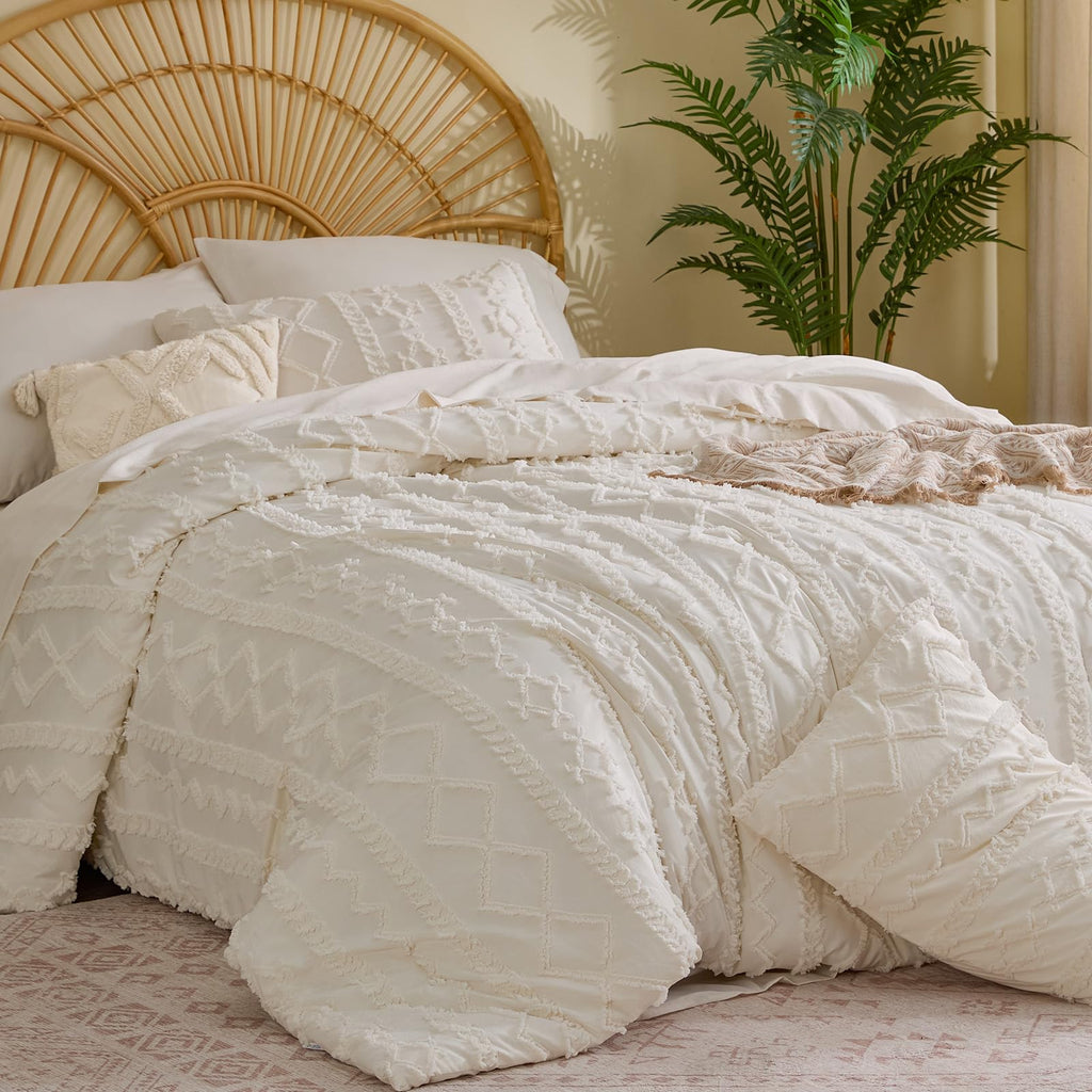 King Comforter Set 7 Pieces, Boho Bed in a Bag, Cream White